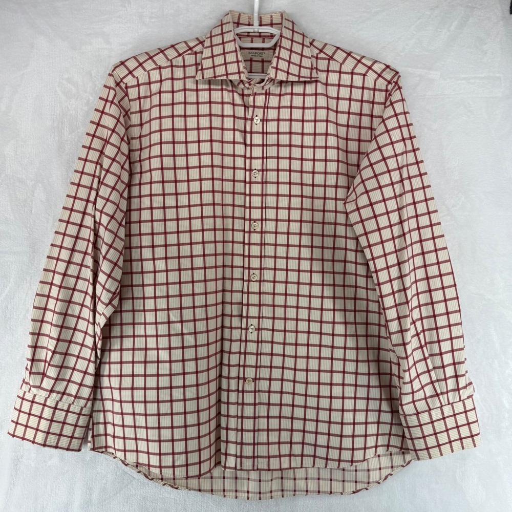 Seaport Mens‎ Made in Italy Red Tan Windowpane Cotton Button Down Shirt XL